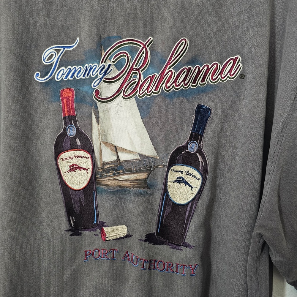 Tommy Bahama Port Authority Silk Camp Shirt Gray Wine Sailboat Graphic Mens XL - Picture 3 of 7